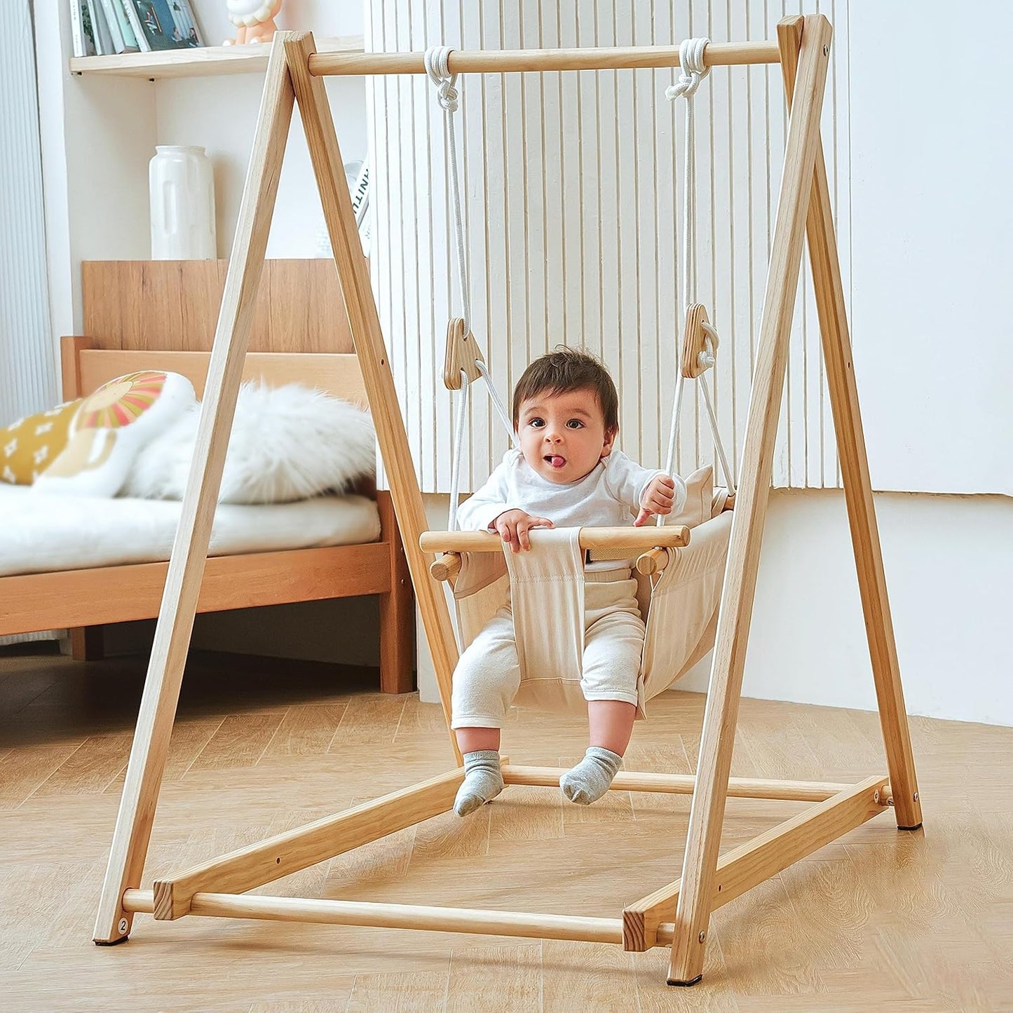 Spruce Baby and Toddler Foldable Swing Set with Stand - Premium Montessori, Waldorf Style Self-Standing Indoor Swingset for Children 6M to 3 Yrs - Perfect for Home, Child Day Care, & Preschool