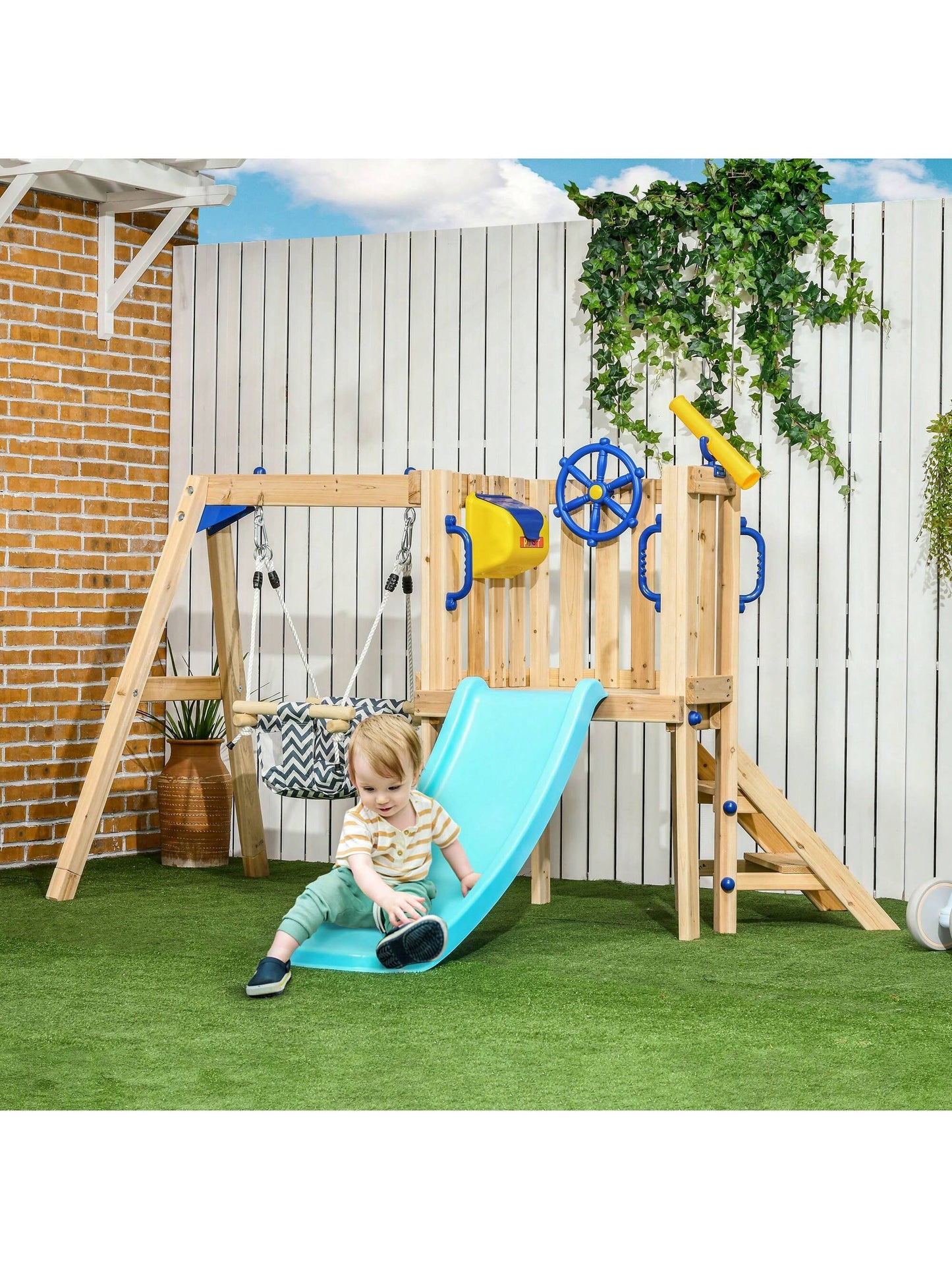 Outsunny Wooden Toddler Playground with Baby Swing Set, Ages 1.5-4