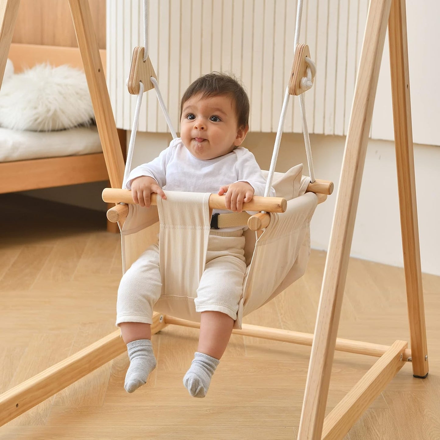 Spruce Baby and Toddler Foldable Swing Set with Stand - Premium Montessori, Waldorf Style Self-Standing Indoor Swingset for Children 6M to 3 Yrs - Perfect for Home, Child Day Care, & Preschool