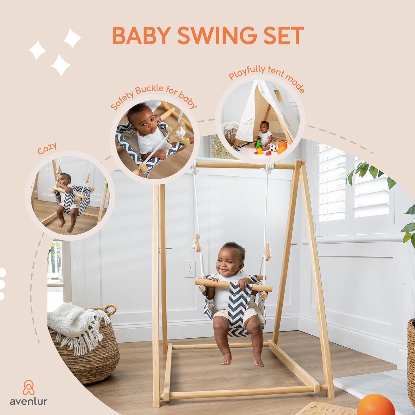 Spruce Baby and Toddler Foldable Swing Set with Stand - Premium Montessori, Waldorf Style Self-Standing Indoor Swingset for Children 6M to 3 Yrs - Perfect for Home, Child Day Care, & Preschool