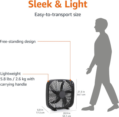 3 Speed Box Fan, Indoor Electric Fan for Home Cooling, 5 Blades, Lightweight Design, 67 Watts, 20-Inch, Black, 6.8"D X 20.86"W X 21.33"H