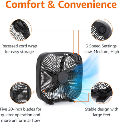 3 Speed Box Fan, Indoor Electric Fan for Home Cooling, 5 Blades, Lightweight Design, 67 Watts, 20-Inch, Black, 6.8"D X 20.86"W X 21.33"H